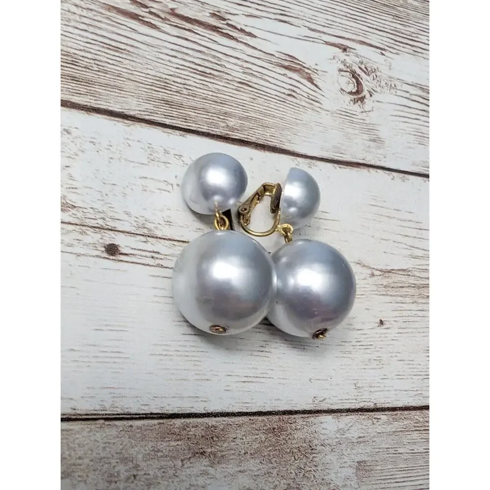 Vintage Clip On Earrings - Metallic Silver Tone Duo Ball Dangle